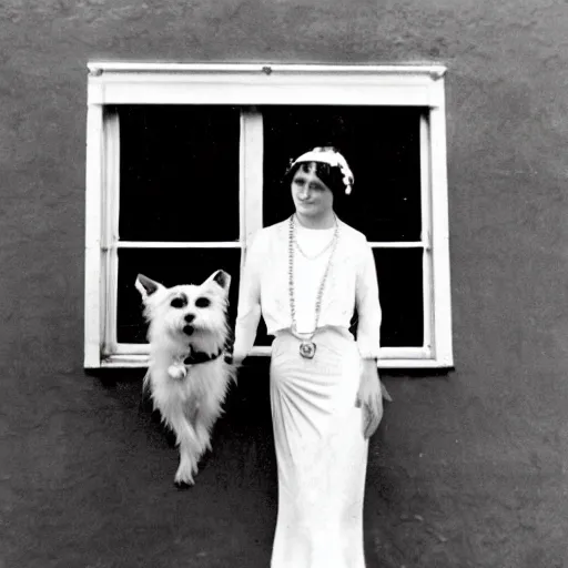 Prompt: an vintage wide snapshot from the 1 9 2 0 s shows a archduchess with posing with her dog, a jack russell terrier, outside an open window. she wears a fancy white shirt with a big bowtie, along with a dark - colored skirt. she wore her wristwatch over the cuff of her blouse in the manner of gianni agnelli.