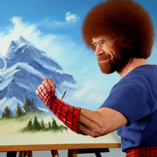 Image similar to a closeup photorealistic photograph of bob ross working on a canvas painting of spiderman. film still. brightly lit scene. mountains and trees. this 4 k hd image is trending on artstation, featured on behance, well - rendered, extra crisp, features intricate detail, epic composition and the style of unreal engine.