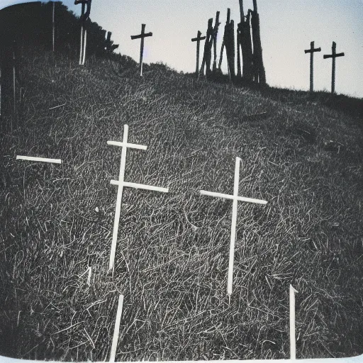 Prompt: 1 9 8 0 s flash photograph of a hill covered with crucifixes and crosses, film grain, polaroid, 3 5 mm