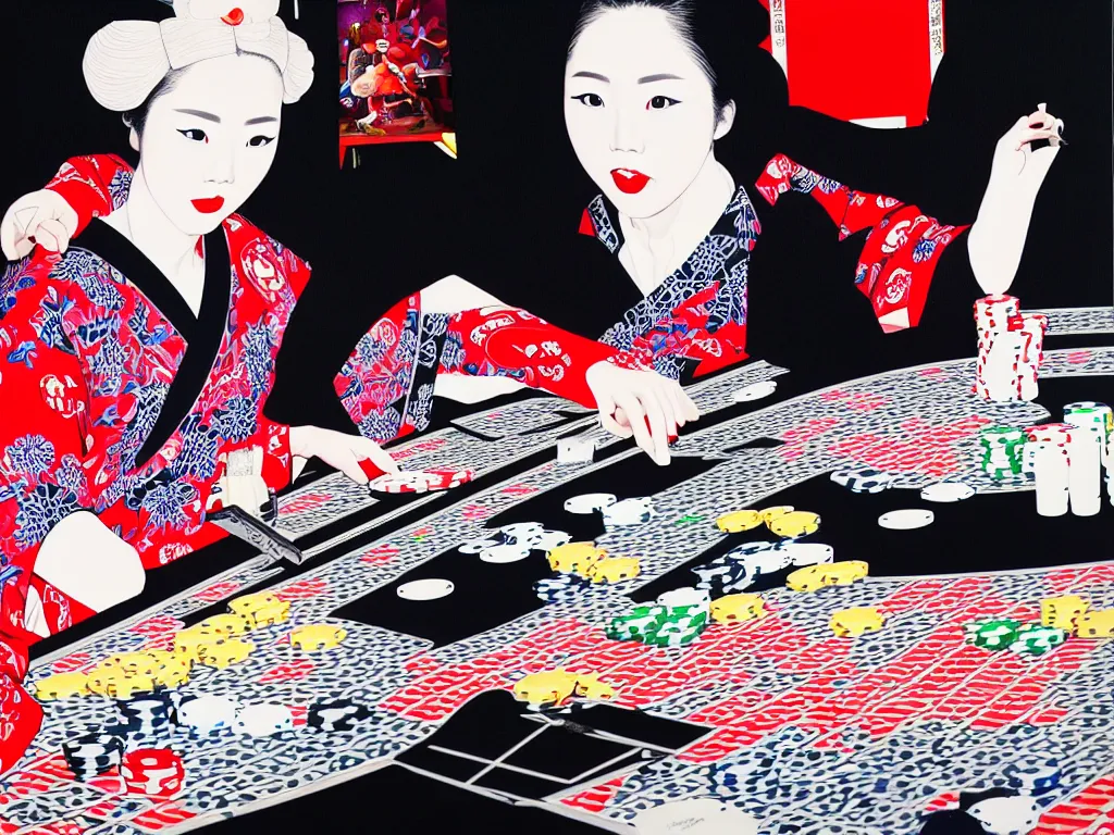 Prompt: hyperrealistim composition of the detailed single woman in a japanese kimono sitting at a extremely detailed poker table with hyperdetailed darth vader, fireworks, mountain fuji on the background, pop - art style, jacky tsai style, andy warhol style, acrylic on canvas