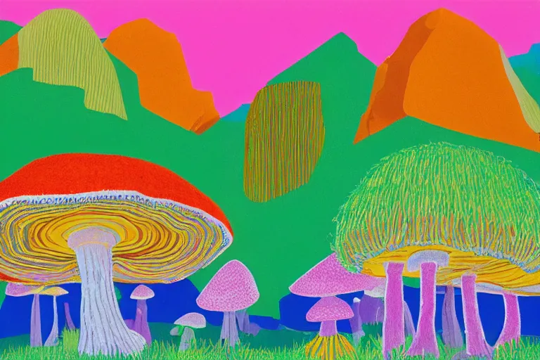 Image similar to a crystal and mushroom ridden world, extinct species, epic land formations, detailed, wide shot, created by david hockney. - h 4 0 0