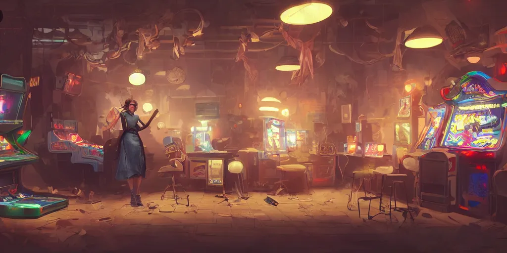 Image similar to an environmental concept art of a stylish woman playing a game in a cluttered arcade, highly detailed, environmental light, cinematic by francis tneh