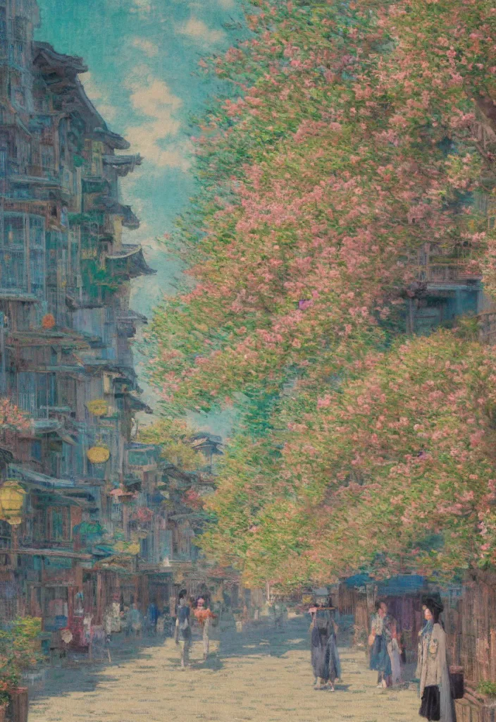 Image similar to a beautiful japanese city near the sea, amazing ryokans and gorgeous edo era houses, intense cyberpunk, lofi vibe, colorful, vivide colors, oil painting in impressionist style, by jeremy lipkin, by claude monet, by makoto shinkai, multiple brush strokes, inspired by ghibli, masterpiece, beautiful