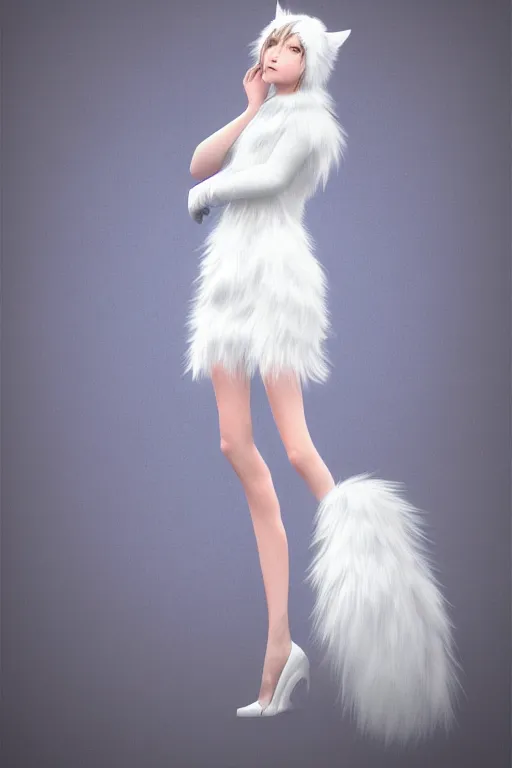 Image similar to beautiful aesthetic full body digital illustration of a young woman wearing a furry white dress, furry white cat ears and tail, by wlop and Julia Razumova, realistic, photorealistic, hyperrealistic, unreal engine, cosplay, octane, deviantArt, trending on artstation, artstation HQ