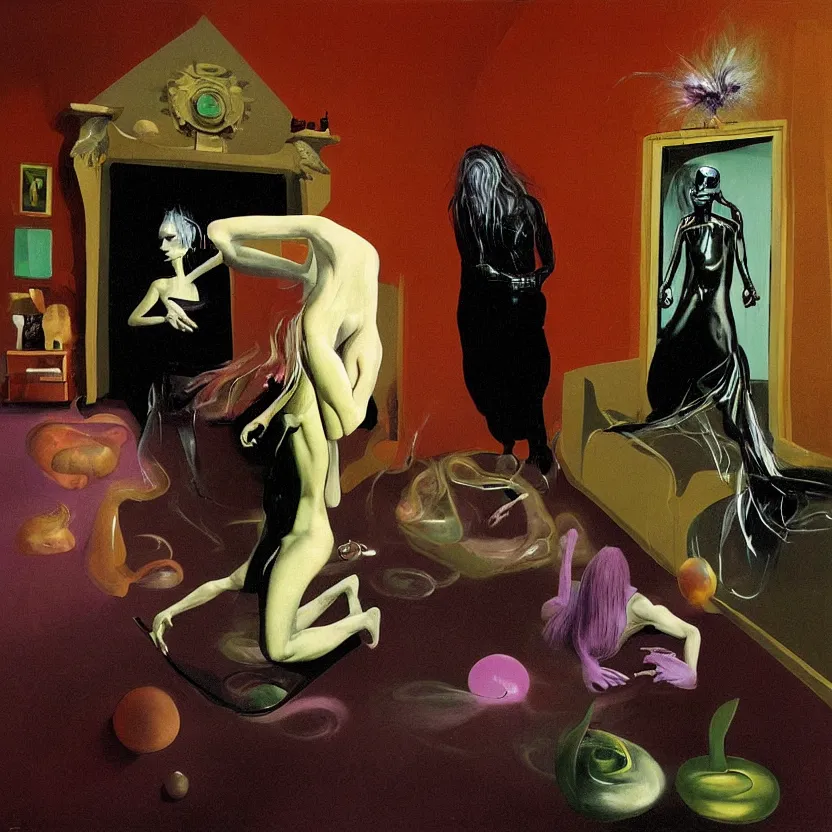 Prompt: Man and woman start to bounce in a living room of a house, floating dark energy surrounds the middle of the room. There is one living room plant to the side of the room, one surrounded by a background of dark cyber mystic alchemical transmutation heavenless realm, dark art, cover artwork by francis bacon and Jenny seville, midnight hour, part by adrian ghenie, part by jeffrey smith, part by josan gonzales, part by norman rockwell, part by phil hale, part by kim dorland, artstation, highly detailed