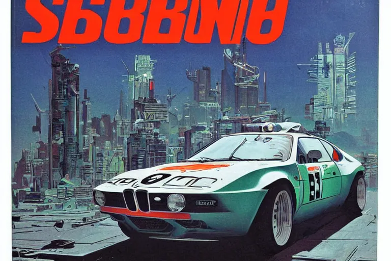 Image similar to 1969 Popular Science Magazine Cover BMW M1 Stratos, city in cyberpunk style by Vincent Di Fate