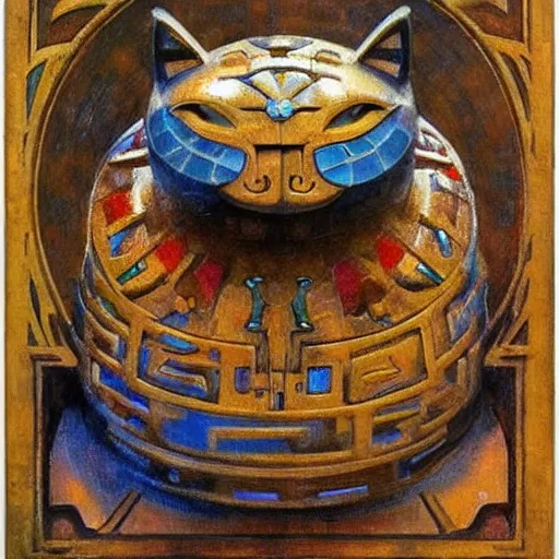 Image similar to ornate mechanical robot cat, by annie swynnerton and diego rivera and nicholas roerich, symbolist, dramatic lighting, elaborate geometric ornament, art brut, soft cool colors, smooth, sharp focus, extremely detailed, adolf wolfli and ( donato giancola )