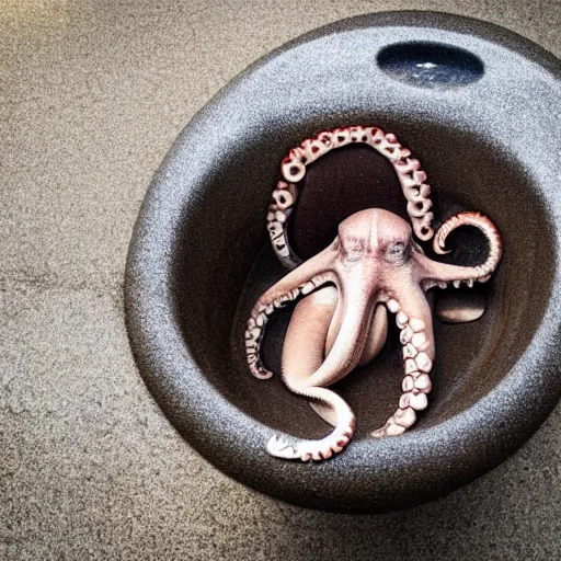 Prompt: an octopus curled up in a toilet