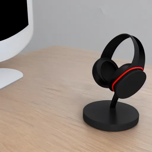 Image similar to headphone stand, futuristic, techno, cyberpunk, product design, 3 d render, concept, fun, swag