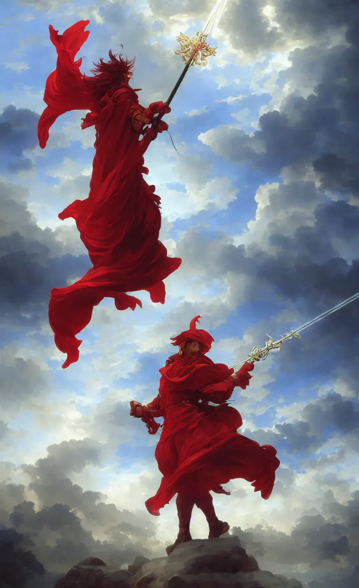 Image similar to A boisterous Red Mage wearing striped shining armor holding a staff of power surrounded by an epic cloudscape. The Magus Omega . Red Wizard. Morpheus. masterpiece. 4k digital illustration. by Ruan Jia and Artgerm and Andreas Rocha and William-Adolphe Bouguereau and Edmund Blair Leighton. award winning, Artstation, intricate details, realistic, Hyperdetailed, 8k resolution. Concept Painting. Key Art