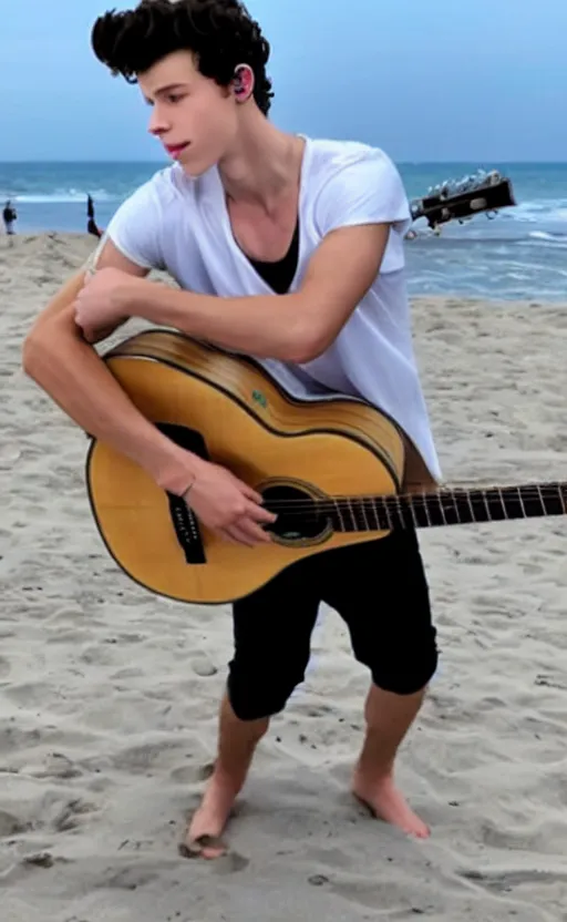 Prompt: Shawn Mendes en la playa tocando la guitarra