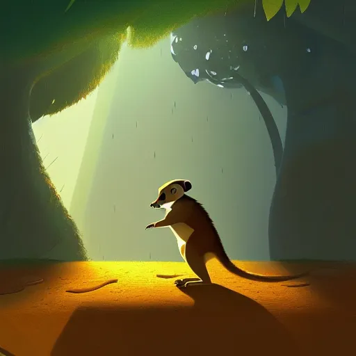 Image similar to goro fujita ilustration a beautiful meerkat walking calmly through a rain forest with the first rays of sun by goro fujita, painting by goro fujita, sharp focus, highly detailed, artstation