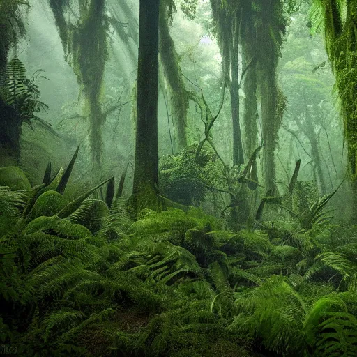 Prompt: a cinematographic wide shot of a lush and dense forest with anthropogenic moss, vines and ferns, dusk light filtering from the trees below. The scene is apocalyptic, eerie but serene, volumetric, 8k, high resolution