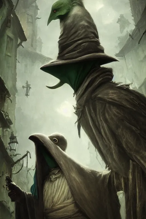 Prompt: A fancy portrait of a green Plague Doctor with a beak like mask on in a medieval village filled with toxic fumes by Greg Rutkowski, Sung Choi, Mitchell Mohrhauser, Maciej Kuciara, Johnson Ting, Maxim Verehin, Bloodborne, 8k photorealistic, volumetric lighting, HD, high details, dramatic, dark atmosphere, trending on artstation