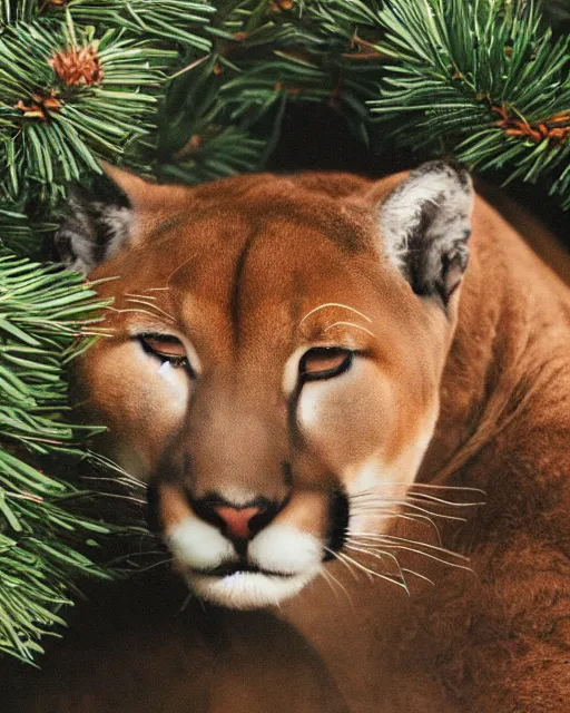 Prompt: magazine showing 'a cougar sleeping in the middle of snowy pine tree' laying on coffee table, zoomed out, HD, iphone screenshot