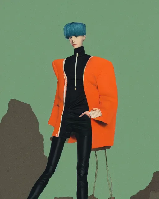 Image similar to portrait of alone androgynous girl wearing long orange vintage leather coat and wearing giant modular synthesizer 8 0 s sony stereo helmet and backpack. bakelite cliffs, moss green japanese forest background, ultrafine hyperdetailed illustration by hsiao - ron cheng and artgerm, the grand budapest hotel, glow, no crop, digital art, artstation, pop art