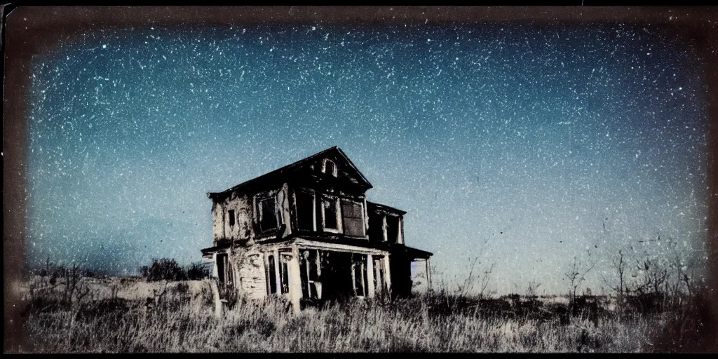 Image similar to polaroid photo of an abandoned house on a wasteland, colourful starry sky, slight color bleed, grain