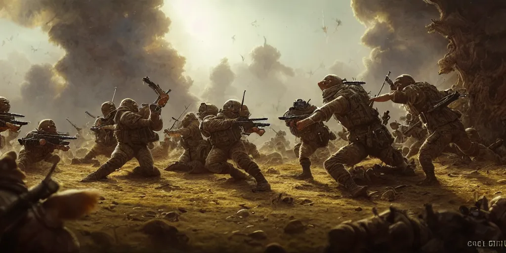 Image similar to highly detailed illustration featuring hamsters in battle, stephen bliss, unreal engine, fantasy art by greg rutkowski, global illumination, radiant light, detailed and intricate environment, hamsters holding rifles, hamsters dressed military gear