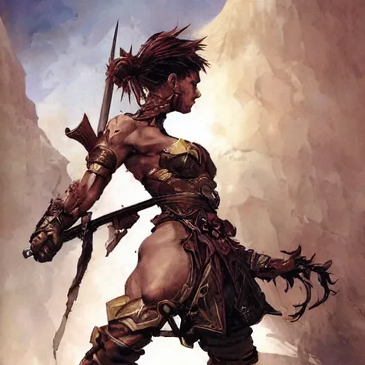 Prompt: warrior by peter andrew jones and akihiko yoshida, rule of thirds, seductive look, beautiful