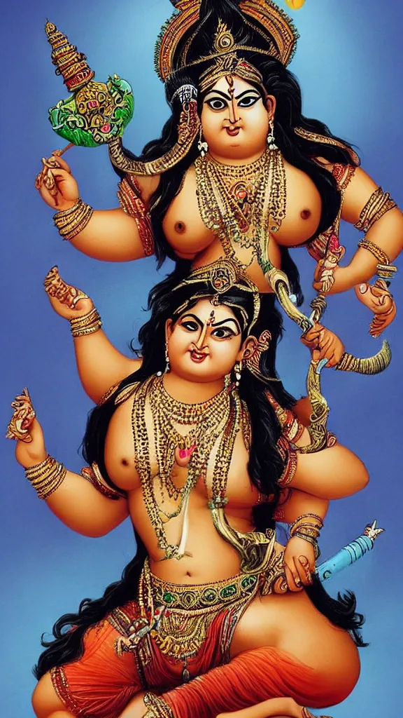 Image similar to curvy body of hindu goddess devi, holding a skull on one hand and trident on another, posing for playboy photoshoot