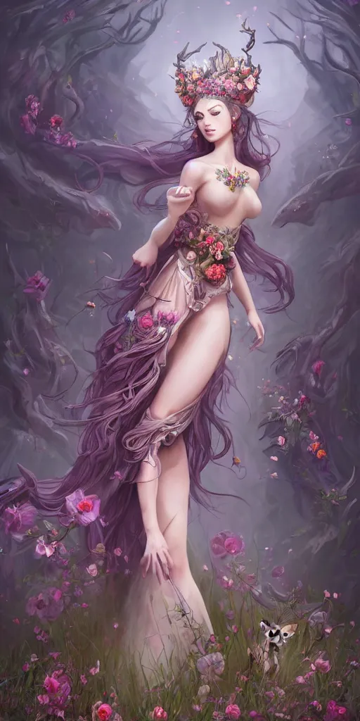 Image similar to A beautiful fantasy empress, full body, just one head, flower tiara, long hair, wearing dramatic aristocrat robe, delicate figure, field of fantasy flowers, foxes and deer, epic composition, ultra wide-shot, dynamic pose, concept art, dramatic lighting, digital painting, smooth, character design, sharp focus, elegant, intricate, trending on artstation, by WLOP and James Jean and Victo Ngai