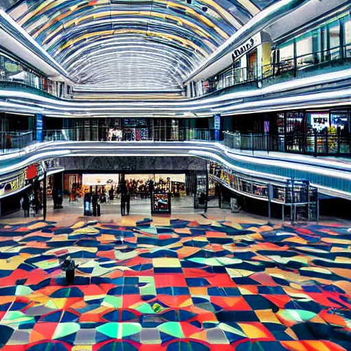 Prompt: a photograph of a shopping mall designed by Victor Vasarely