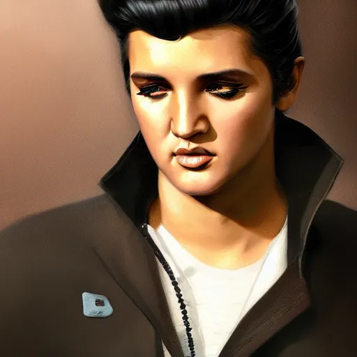 Prompt: young elvis presley dressed in 2 0 2 2, modern clothing, nashville, tennessee, portrait, highly detailed, digital painting, artstation, concept art, sharp focus, illustration, cinematic lighting, art by artgerm and greg rutkowski and alphonse mucha