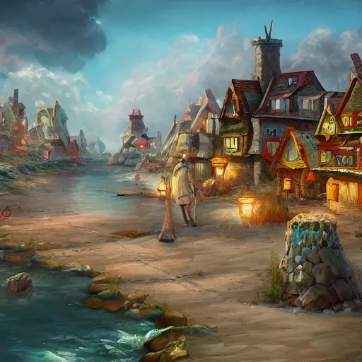 Prompt: a seaside village, fantasy style, trending on artstation