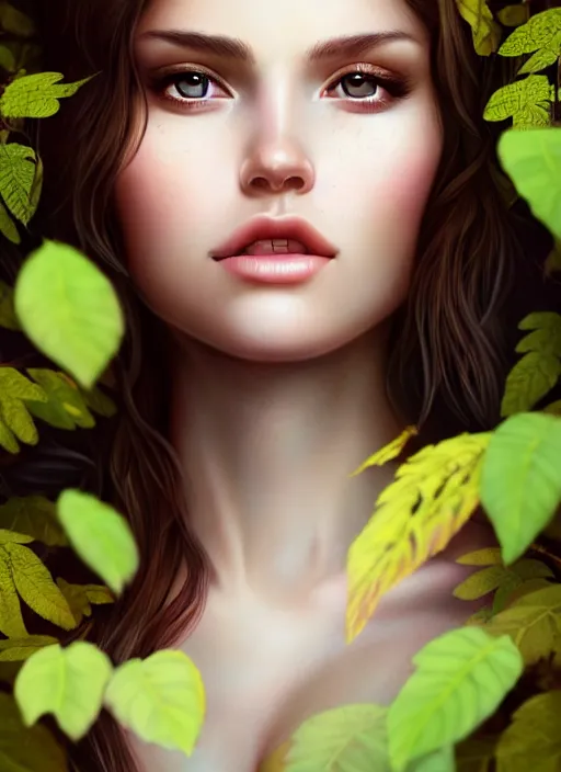 Image similar to a beautiful female photo, professionally retouched, soft lighting, standing in a forest with chest covered with leaves, realistic, smooth face, perfect eyes, wide angle, sharp focus on eyes, 8 k high definition, insanely detailed, intricate, elegant, art by artgerm and wlop