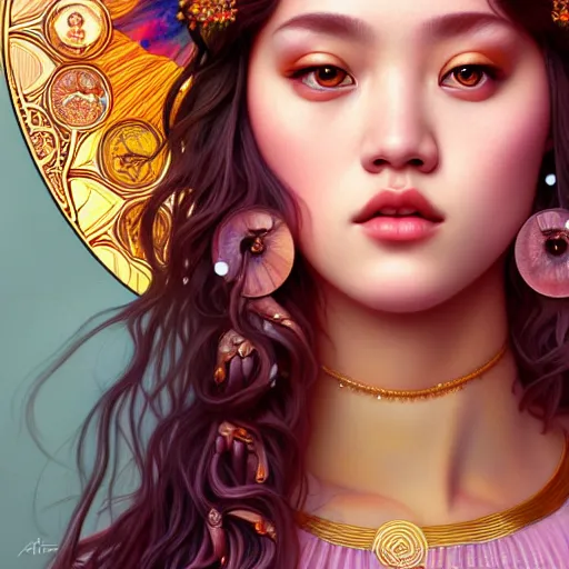 Image similar to portrait of jossi of blackpink, goddess of the moon, highly detailed, digital painting, smooth, sharp focus, illustration, ultra realistic, 8 k, art by artgerm and alphonse mucha