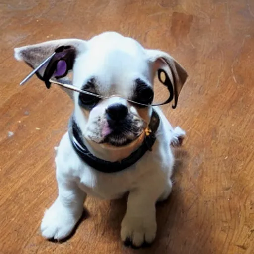 Image similar to puppy wearing a monocle and a top hat