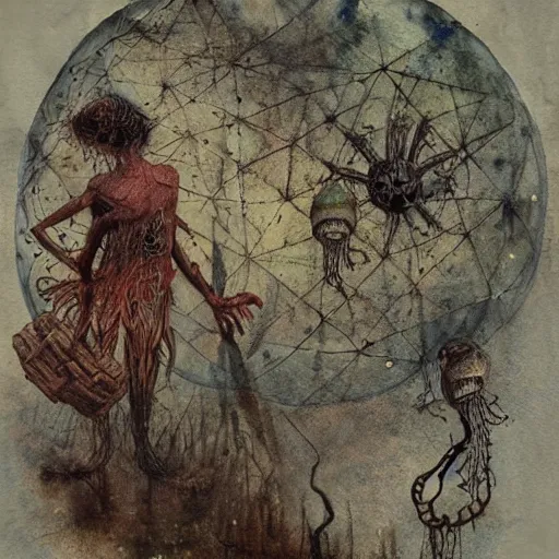 Prompt: 1920s antique tin toy, aged, detailed watercolor painting, lovecraftian, sinister atmosphere, cosmic horror, in the style of Brad Kunkle and Brooke Shaden.