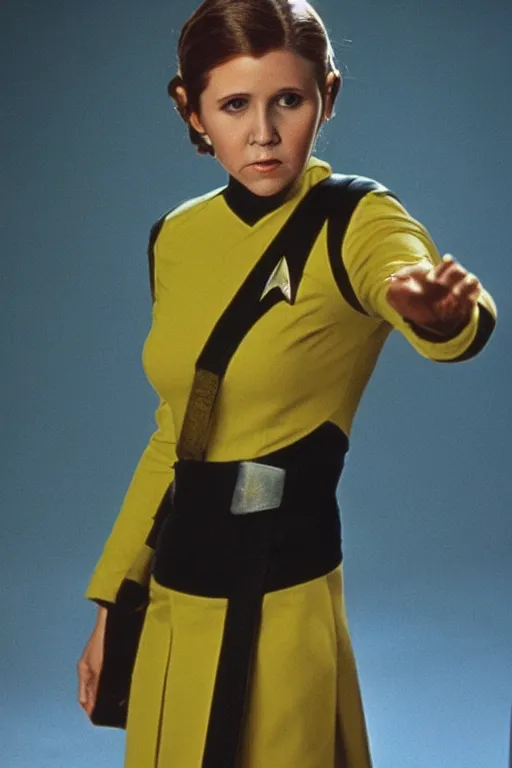 Prompt: photorealistic!! young adult carrie fisher as a star trek captain, yellow starfleet uniform, film quality