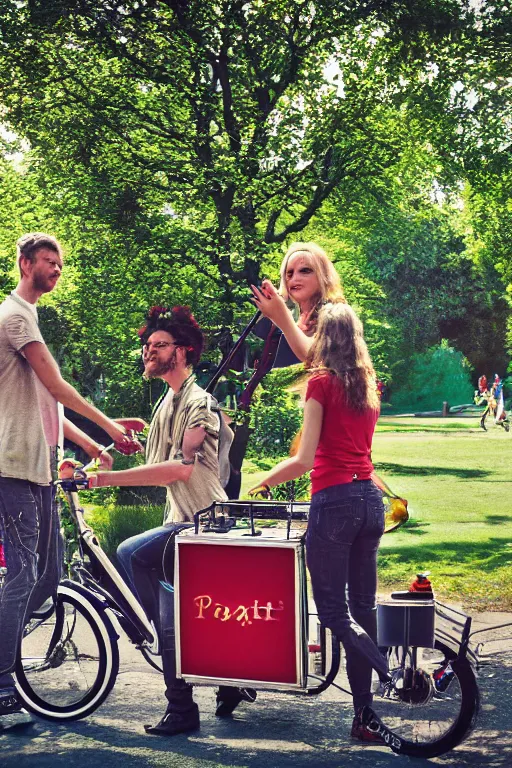 Image similar to potrait of band playing in the park with christiania cargobike. Summer. High definition, Cinematography, mega scans, cinematic, hyper realistic, photo realistic, cinematic composition, highly detailed, vray, 8k render