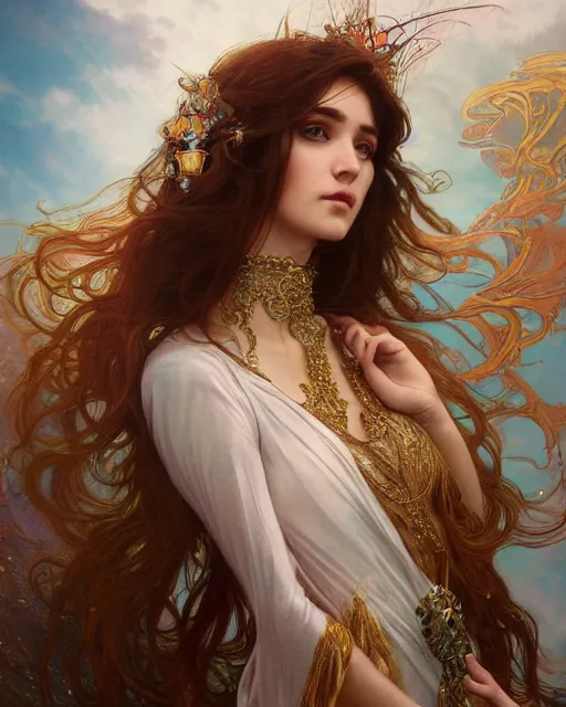 Image similar to a beautiful close up portrait of a sorceress floating on air with elegant looks, flowing robe, ornate and flowing, intricate and soft by ruan jia, tom bagshaw, alphonse mucha, wlop, beautiful roman architectural ruins in the background, epic sky, vray render, artstation, deviantart, pinterest, 5 0 0 px models