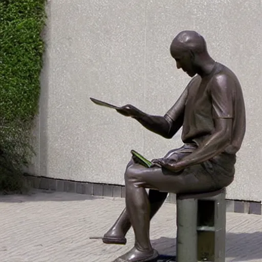 Prompt: a bronze statue having problems with their laptop