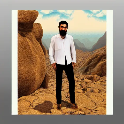 Prompt: arab man standing up in the mountains, album cover design illustration digital art