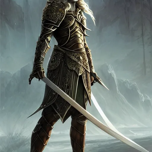 Image similar to standing elf with armor of rivendel and a curve long sword in full body and detailed face, epic masterpiece of cinematographic hyperrealism, realistic shaded lighting poster by craig mallismo, artgerm, jeremy lipkin and michael garmash, unreal engine, radiant light, detailed and intricate environment, digital art, art station trends