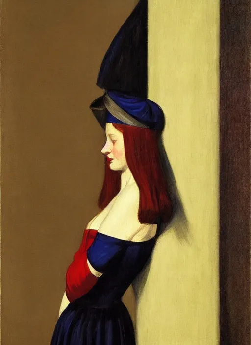 Image similar to portrait of young woman in renaissance dress and renaissance headdress, art by edward hopper