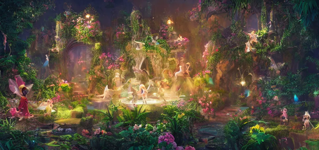 Prompt: a magic garden, with monkeys playing with diamonds, fairies and scissors, details, smooth, sharp focus, illustration, realistic, cinematic, artstation, gold, ornate, award winning, original modern artwork, rgb ethereal lighting, 8k