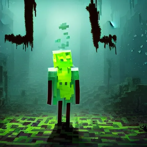 Image similar to painting by greg rutkowski of a minecraft drowned zombie with glowing cyan eyes, wearing ragged clothing and and algae growing on it, holding a trident, underwater