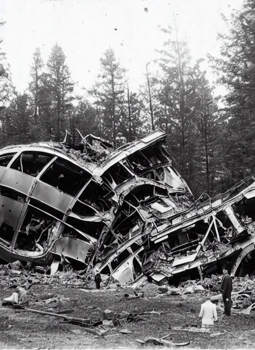 Prompt: vintage photograph of advanced crashed vessel in the forest with people inspecting the rubble