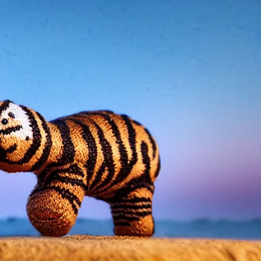 Image similar to a closeup photorealistic photograph of a cute smiling knitted tiger hippopotamus chasing a beachball at sunset. surf in the background. professional capture. this 4 k hd image is trending on artstation, featured on behance, well - rendered, extra crisp, features intricate detail, epic composition and the style of unreal engine.