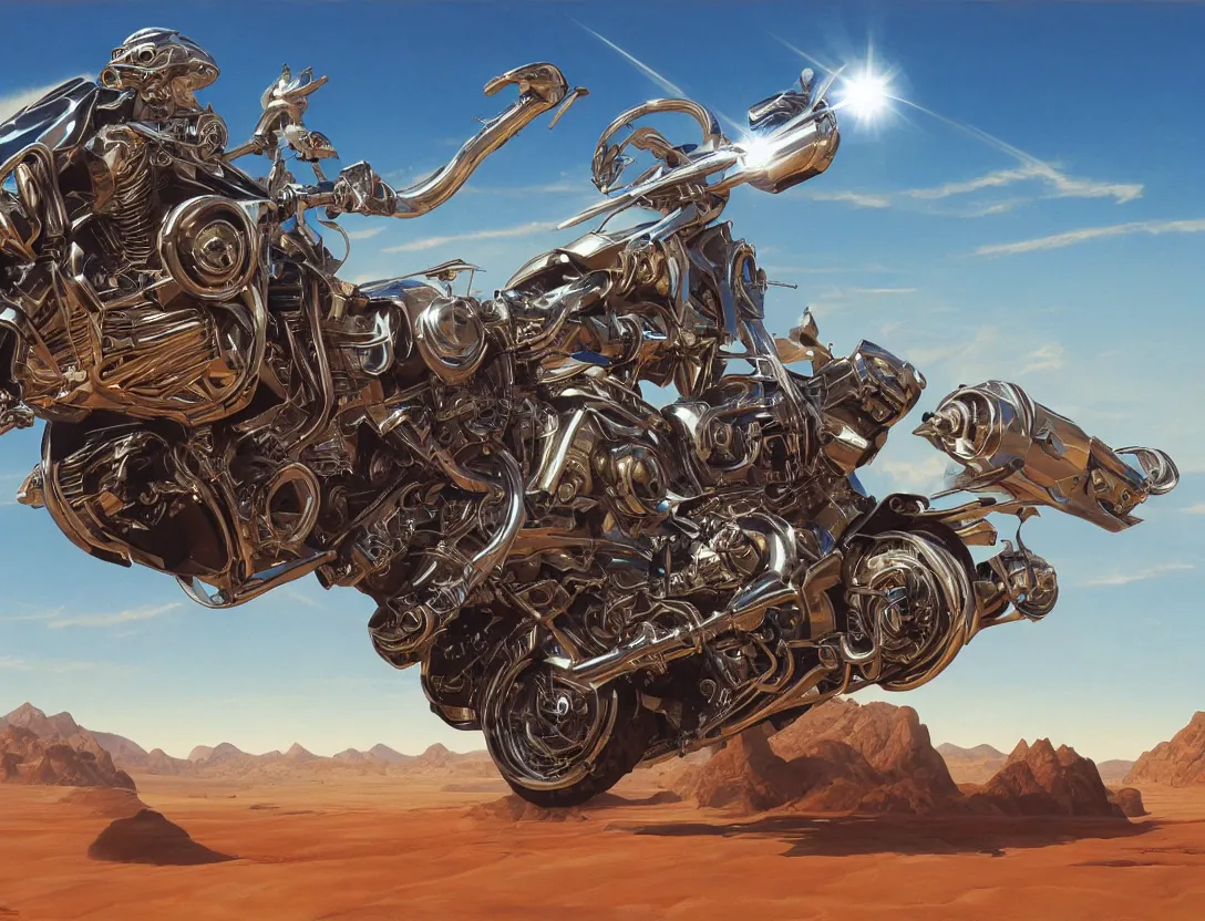 Prompt: futuristic high chrome motor - bike with biomechanical rider, speeds from right to left across the desert valley between the mountains. high noon, strong light, glinting from chrome highlights, light heat wave distortion, symmetrical, concept art, intricate detail, volumetric shadows and lighting, realistic oil painting by tim hildebrandt,