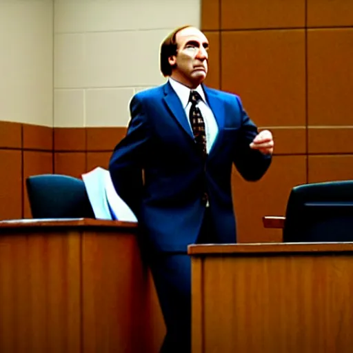 Image similar to saul goodman doing t - pose in courtroom to intimidate prosector