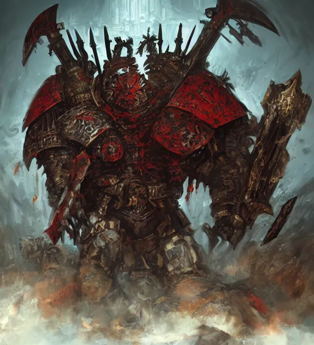 Image similar to battle scene portrait of armored heroes warhammer 4 0 k fight war fighting nurgle warrior, cesede, the chaos god of plague and decay, red chaos knight with cathedrals and columns, pestilence, champion, emperor, abbeys, elegant concept art by ruan jia