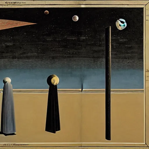 Image similar to a parade of disconnected images : obscure corners of nameless interiors, astronomical diagrams projecting the distances between celestial bodies, a painting by giorgio de chirico, a list of unpopular anagrams.