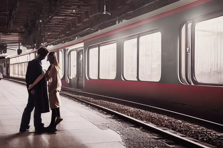 Image similar to vfx movie couple in a train station flat color profile low - key lighting cinematography atmospheric