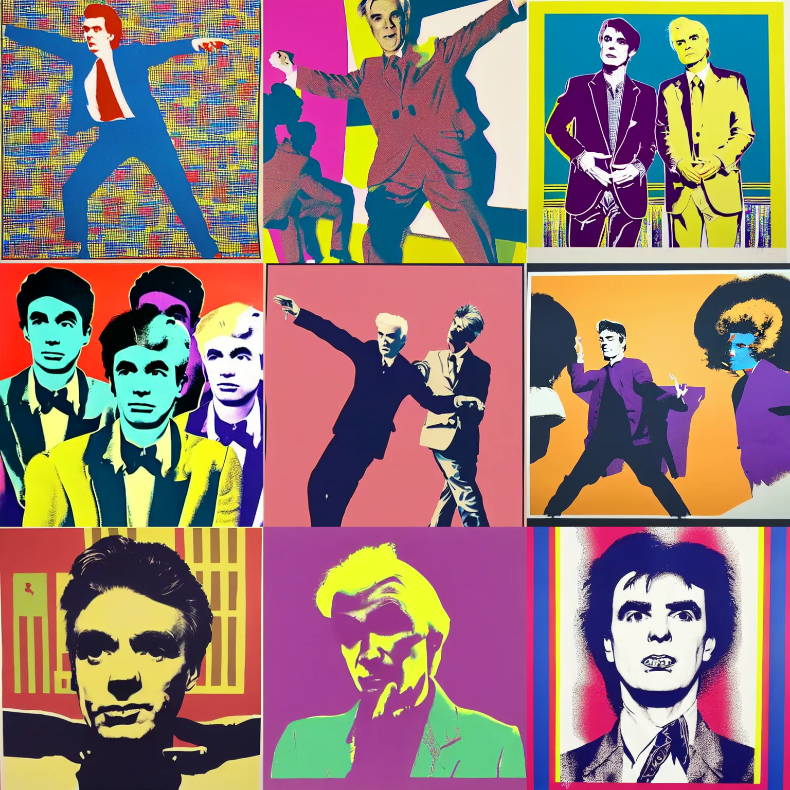 Prompt: david byrne dancing around the room, a silkscreen serigraph by andy warhol
