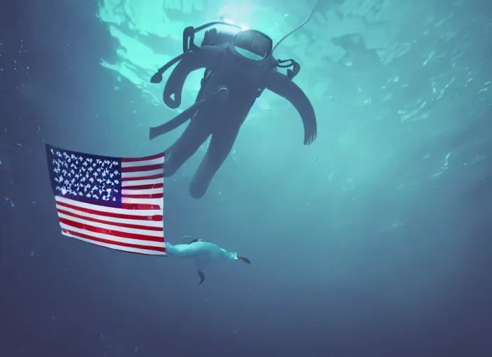 Image similar to dark claustrophobic underwater photo of an astronaut underwater putting a flag on the bottom of the ocean. in the background, a submarine is visible. dark, concept art, cinematic, dramatic, blender, photorealistic, octane render, 8 k, volumetric lighting, trending on artstation